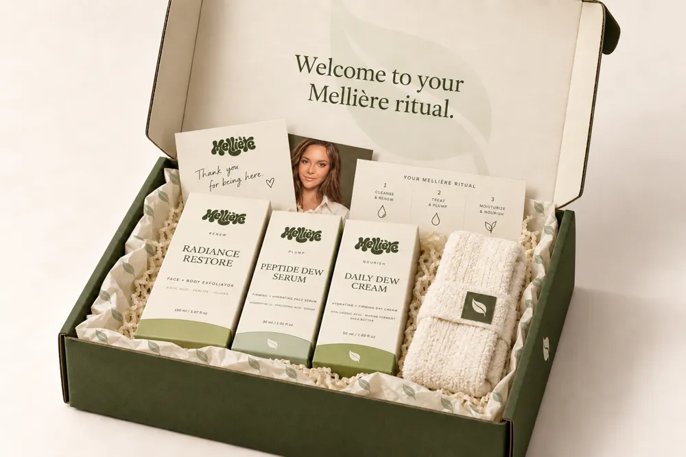 De drie Mellière-producten in de olijfgroene Limited Edition Box