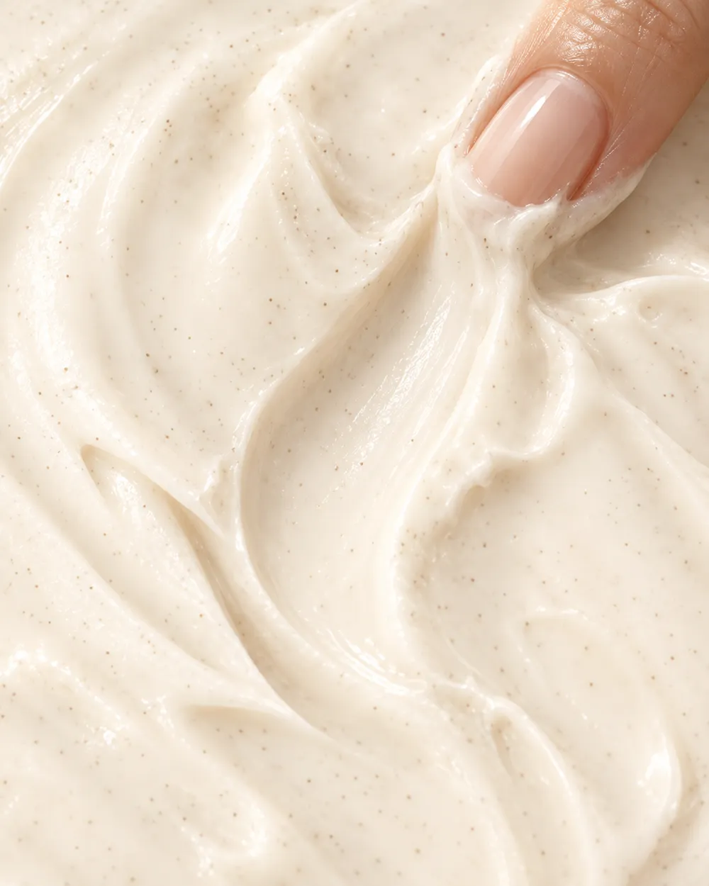 De fluwelen textuur van Radiance Restore met fijne exfoliërende korrels